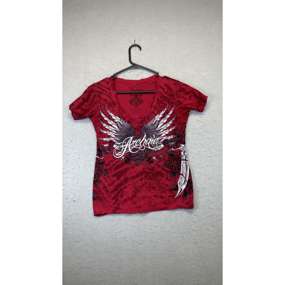 Archaic Shirt Womens Medium Red V-Neck Graphic‎ Wings Roses Dagger Rock Gothic